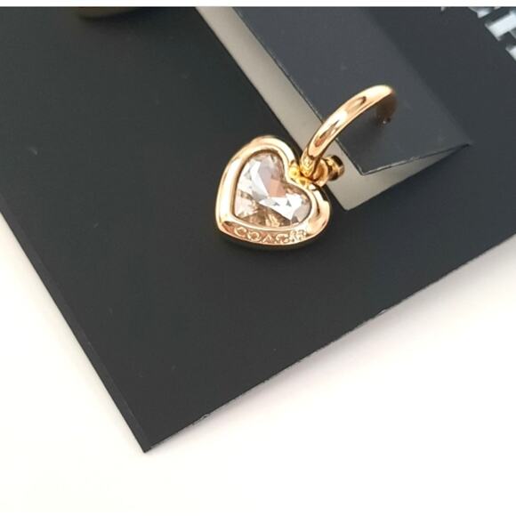 Coach Signed Gold Tone Huggie Hoop Post Earrings Clear Crystal Heart Dangle NWT - Picture 4 of 6
